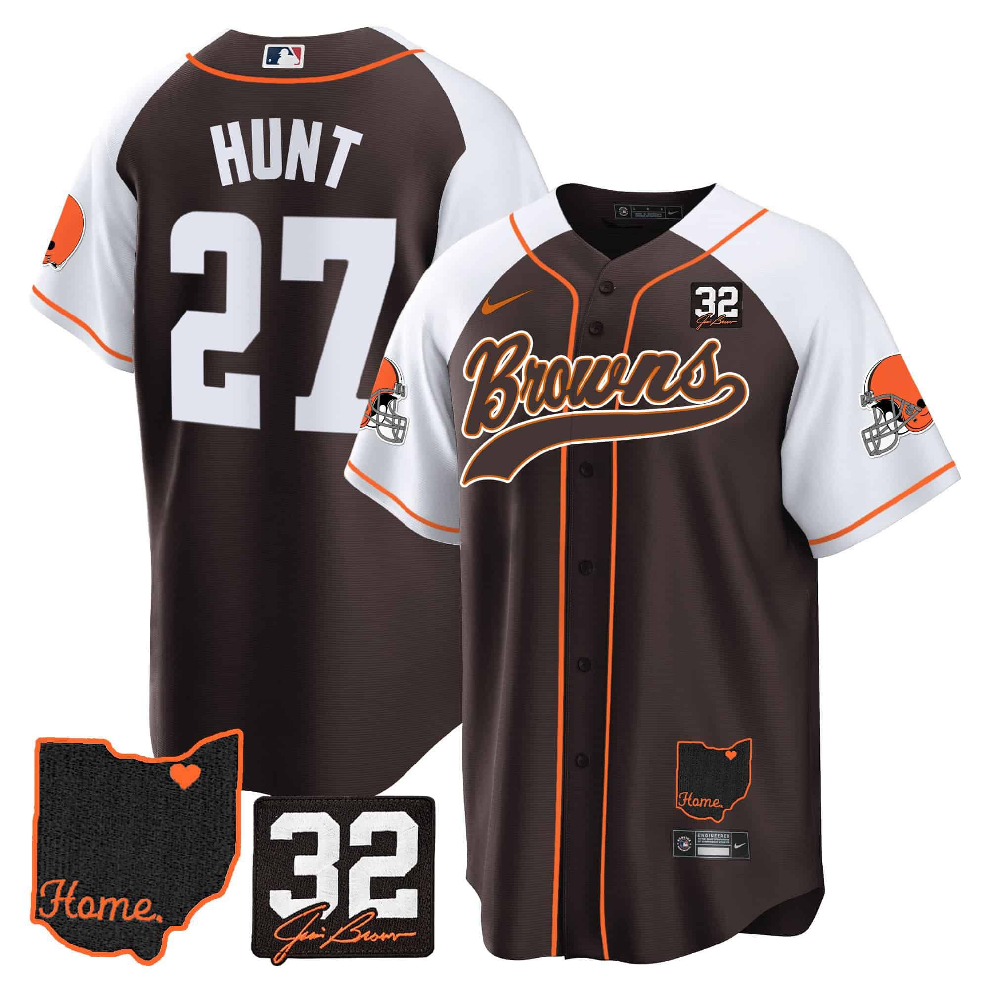 Men Cleveland Browns #27 Hunt Brown Memorial Home Patch Baseball 2024 Nike NFL Jersey